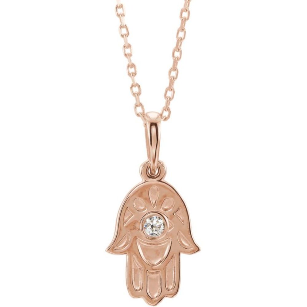 14k Rose Gold .03 CT Diamond Small Hamsa Necklace, 16-18 Inch
